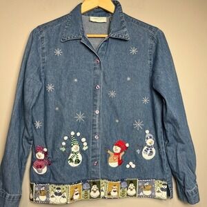 Grandmacore Lemon Grass Denim‎ Shirt Women's Small Holiday Design Snow Winter